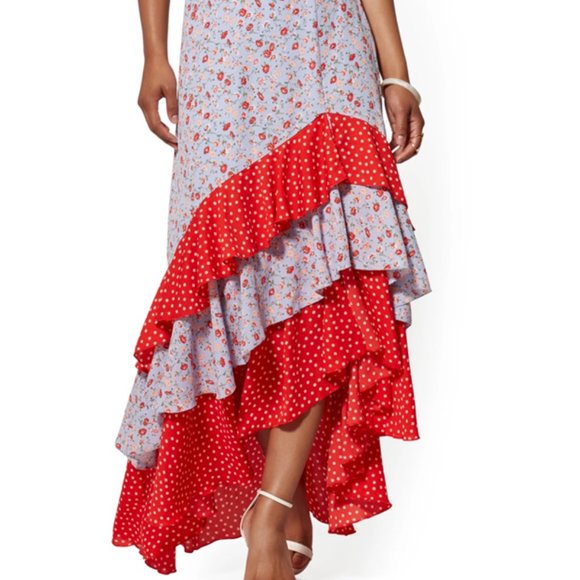 Mixed-Print Ruffled Asymmetrical Skirt - Picture 2 of 6